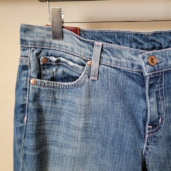 Blue 2 Medium Wash Pink Stitching Distressed Flare Denim Jeans - Picture 3 of 14